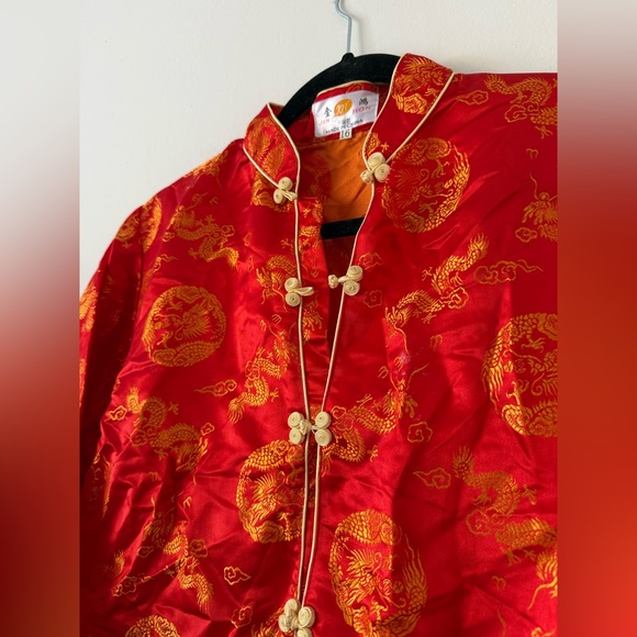 Chinese Traditional 2Pc Set Red Satin & Gold Dragon - Picture 5 of 15
